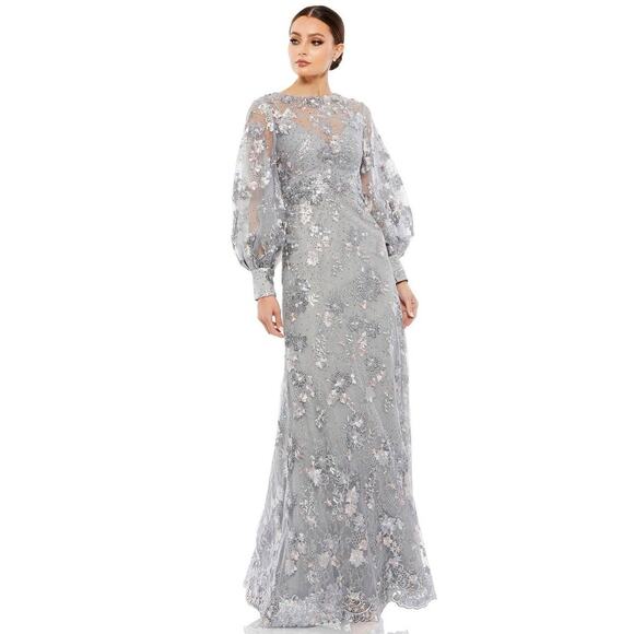 Mac Duggal Platinum Gray Sequin Floral Embroidered Long Sleeve Gown Sz 18 Formal - Picture 2 of 15